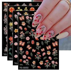 JMEOWIO 3D Nagelsticker Blume Schmetterling Nail Art Sticker Selbstklebend Nagelaufkleber 5D Stereoskopisch Frühlings Sommer Blumen Dekoration Nageldesign Zubehör 4 Blatt von jmeowio