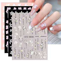 JMEOWIO 3D Nagelsticker Frühlings Blume Nail Art Sticker Selbstklebend Nagelaufkleber 5D Stereoskopisch Sommer Blumen Dekoration Nageldesign Zubehör 4 Blatt von jmeowio