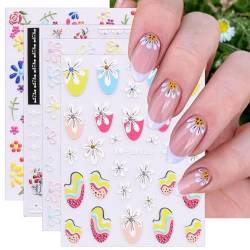 JMEOWIO 4 Blatt 3D Nagelsticker Blumen Nail Art Sticker Selbstklebend Nagelaufkleber 5D Stereoskopisch Frühlings-Sommer-Blumen Dekoration Nageldesign Zubehör von jmeowio