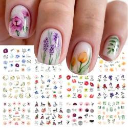 JMEOWIO Nagelsticker Blume 12 Blatt Nail Art Sticker Selbstklebend Nagelaufkleber Frühlings Sommer Blumen Dekoration Nageldesign Zubehör von jmeowio