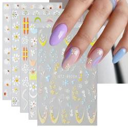 JMEOWIO Nagelsticker Blumen Gänseblümchen 6 Blatt Nail Art Sticker Selbstklebend Nagelaufkleber Frühlings Sommer Blume Dekoration Nageldesign Zubehör von jmeowio