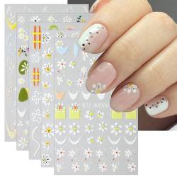 JMEOWIO Nagelsticker Blumen Gänseblümchen 6 Blatt Nail Art Sticker Selbstklebend Nagelaufkleber Frühlings Sommer Blume Dekoration Nageldesign Zubehör von jmeowio