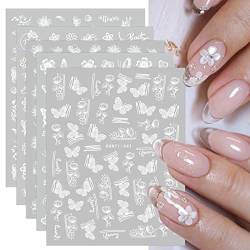 JMEOWIO Nagelsticker Frühlings Weiß Blume 12 Blatt Nail Art Sticker Selbstklebend Nagelaufkleber Sommer Schmetterling Blumen Blatt Dekoration Nageldesign Zubehör von jmeowio