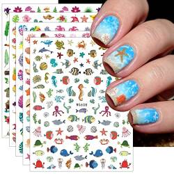 JMEOWIO Nagelsticker Sommer Ozean 12 Blatt Nail Art Sticker Selbstklebend Nagelaufkleber Fisch Strand Schildkröte Wal Dekoration Nageldesign Zubehör von jmeowio