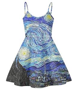 JooMeryer Damen Van Gogh Ölgemälde Bedruckt Spaghettiträger V-Ausschnitt A-Linie Swing Kleid, Van Gogh die Sternennacht, 3X-Groß von joo meryer