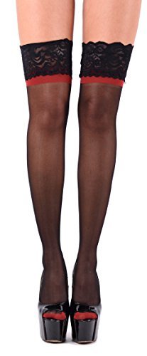 jowiha® Cuban Heel Stockings Straps Strümpfe mit Naht (Schwarz mit Roter Naht und Sohle) von jowiha