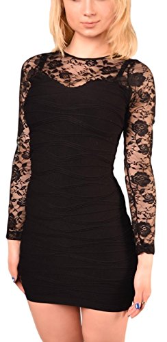 jowiha Sexy Mini Mieder Stretch Kleid mit Spitze und Langen Ärmeln Schwarz S/M 36-38 von jowiha