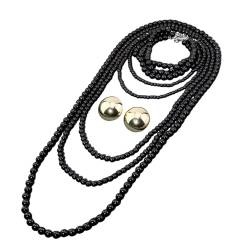 jyibinee Kunstperlen-Halsketten-Ohrring-Set für Damen, mehrschichtig, mit übertriebenen, runden Ohrsteckern, für Damen, Hochzeit, Kunstperle, Sekundärer Stein von jyibinee