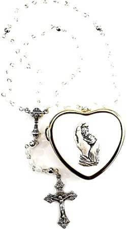 Zur ersten heiligen Kommunion... zarter Rosenkranz behüte Dich,, weisse Perlen, ein silberfarbener Kelch und ein Kreuz im goldfarbenen Herzdöschen von k.a.