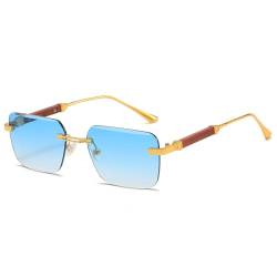 kachawoo Holz-ähnliche Beine Sonnenbrille Randlose rahmenlose Sonnenschirme Metall Quadrat Sonnenbrille für Männer Frauen Eyewear UV400 Linse (gold with blue) von kachawoo