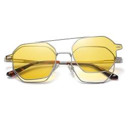 kachawoo Magnetische Gläser Polarisierte Clip-on Sonnenbrille für Männer Frauen UV400 Metall Polygon Brillen Mode (silver with yellow) von kachawoo