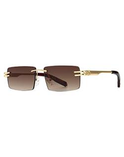 kachawoo Randlose Herren-Sonnenbrille mit Verlaufslinsen, Retro-Rechteck-Sonnenbrille für Männer und Frauen, rahmenlose Brille, modisches Markendesign (gold with brown) von kachawoo