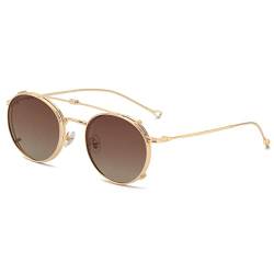 kachawoo Runde polarisierte Sonnenbrille Männer UV400 Linse Clip auf Sonnenbrille Frauen Metallrahmen Flip Up Brillen (gold with brown) von kachawoo