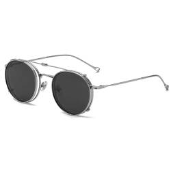 kachawoo Runde polarisierte Sonnenbrille Männer UV400 Linse Clip auf Sonnenbrille Frauen Metallrahmen Flip Up Brillen (silver with black) von kachawoo