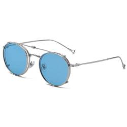 kachawoo Runde polarisierte Sonnenbrille Männer UV400 Linse Clip auf Sonnenbrille Frauen Metallrahmen Flip Up Brillen (silver with blue) von kachawoo