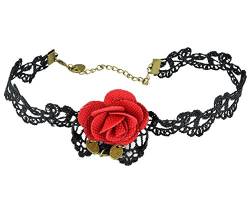 kaiser24 Schwarze Choker Halskette Spitze mit roter Stoff Rose Halloween Karneval (Kette (Blume)) von kaiser24