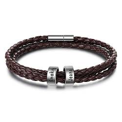 kaululu Herren Personalisierte Braun Lederarmbänder mit 1-5 Beads Familie Paar Namen mit Gravur Herren Armbänder für Männer Frauen Bff Personalisierte Geschenke für Geburtstag (2 Ring) von kaululu