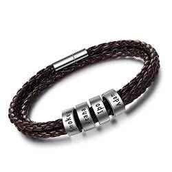 kaululu Herren Personalisierte Braun Lederarmbänder mit 1-5 Beads Familie Paar Namen mit Gravur Herren Armbänder für Männer Frauen Bff Personalisierte Geschenke für Geburtstag (4 Ring) von kaululu