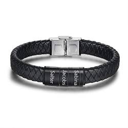 kaululu Herren Personalisierte Schwarze Lederarmbänder mit 1-3 Beads Familie Paar Namen mit Gravur Herren Armbänder für Männer Frauen Bff Personalisie Armketterte (Black) von kaululu