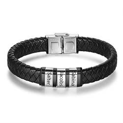 kaululu Herren Personalisierte Schwarze Lederarmbänder mit 2 Beads Familie Paar Namen mit Gravur Herren Armbänder für Männer Frauen BFF Personalisie Armketterte(Silver) von kaululu