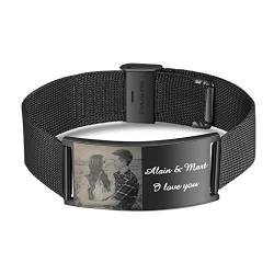 kaululu Personalisiert Armband für Herren Armbander mit Foto Namen Gravur Mesh Edelstahl Armband Schwarz Geschenke für Vatertag/Valentinstag/Geburtstag/Weihnachten von kaululu