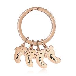 kaululu Personalisierte Fußsohlen Schlüsselanhänger mit Namen Edelstahl Keychain Schlüsselbund Geschenke Geschenk für Familie Eltern Kinder Rosegold 3 Namen von kaululu