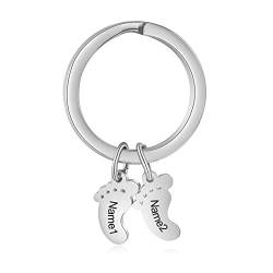 kaululu Personalisierte Fußsohlen Schlüsselanhänger mit Namen Edelstahl Keychain Schlüsselbund Geschenke Geschenk für Familie Eltern Kinder Silber 5 Namen von kaululu