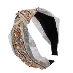 kawehiop Haarbänder Fliege Twist Knoten Stirnband Haarband Stickerei Glitzer Perlen Wrap Turban Weit verstellbare Stirnbänder Damen Accessoires, Beige Perlenknoten von kawehiop