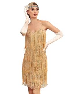 kayamiya Damen Fransen Flapper Kleid 1920er Jahre V Ausschnitt Spaghetti Träger Pailletten Party Kleid brüllend 20er Jahre Great Gatsby Kostüme, gold, 32 von kayamiya