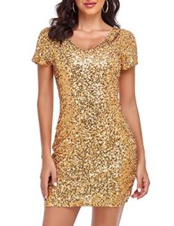 kayamiya Damen Glitzernde Pailletten Kleid Sexy Tiefer V-Ausschnitt Kurzarm Bodycon Glitzernde Mini Party Kleider, Gold, 46/48 DE von kayamiya