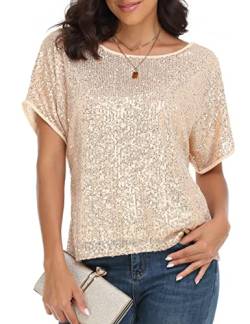 kayamiya Damen Glitzernde Pailletten Top Fledermausärmel Glitzer Party Shirts Bluse Dressy Tops, Champagner, 48 von kayamiya