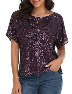 kayamiya Damen Glitzernde Pailletten Top Fledermausärmel Glitzer Party Shirts Bluse Dressy Tops, Violett, 48 von kayamiya