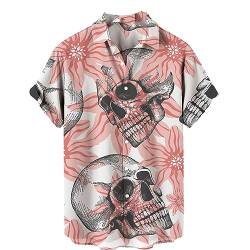 Herren Sommerhemd Retro Rose Blume Totenkopf Bedruckte Bluse Revers Button-Down Kurzarm T-Shirts Gothic Skelett bedrucktes Hemd Urlaubsparty Strandhemden von keephen