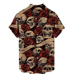 Herren Sommerhemd Retro Rose Blume Totenkopf Bedruckte Bluse Revers Button-Down Kurzarm T-Shirts Gothic Skelett bedrucktes Hemd Urlaubsparty Strandhemden von keephen