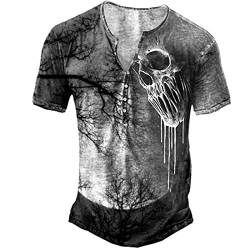 keephen 3D bedrucktes Kurzarm T-Shirt für Herren in Übergröße mit V-Ausschnitt und Knöpfen im Distressed Stil von keephen