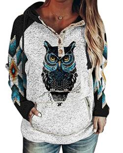 keephen Damen Kapuzenpullover Tier Eulen Print Hoodie Wolf Muster Langarm Pullover Lässig Lose mit Tasche Kapuzenoberteile von keephen