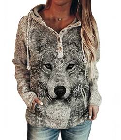 keephen Damen Kapuzenpullover Tier Eulen Print Hoodie Wolf Muster Langarm Pullover Lässig Lose mit Tasche Kapuzenoberteile von keephen