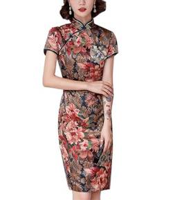 keephen Damen Knielang Cheongsam Chinesischer Stil Kleider Retro Blumen Bedruckt Qipao Kleid Kurzarm Stand Kragen Partykleid von keephen