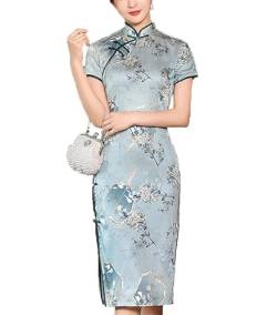 keephen Damen Knielang Cheongsam Chinesischer Stil Kleider Retro Blumen Bedruckt Qipao Kleid Kurzarm Stand Kragen Partykleid von keephen