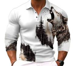 keephen Männer Wolf gedruckt Langarm-Poloshirt Tier Wolf Muster Halb Knopf Sweatshirt Mode Vintage Distressed Outdoor Street Top von keephen