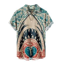 Herren Hawaii-Hemd Mode Sommer Hai Print Button Top Casual Revers Regular Fit T-Shirt Herren Sommer Street Button Down Hemd mit kurzen Ärmeln von keepmore