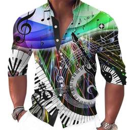 Herren Retro-Hemd Musik-Serie Instrument 3D gedruckt Stand Kragen Langarm-Shirts Mode Vintage Klavier Muster Knopf Bluse Hawaii Strand Top von keepmore