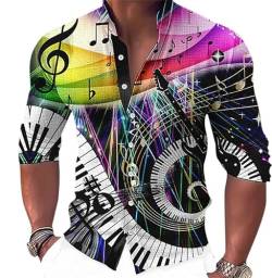 Herren Retro-Hemd Musik-Serie Instrument 3D gedruckt Stand Kragen Langarm-Shirts Mode Vintage Klavier Muster Knopf Bluse Hawaii Strand Top von keepmore