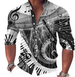 Herren Retro-Hemd Musik-Serie Instrument 3D gedruckt Stand Kragen Langarm-Shirts Mode Vintage Klavier Muster Knopf Bluse Hawaii Strand Top von keepmore