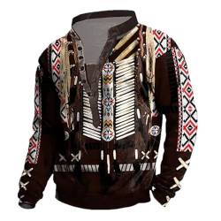 Herren Vintage Native American Print Henley Hemd Button Down Stehkragen Sweatshirt Mode Hip Hop Langarm-T-Shirts Taktisches Outdoor-Top von keepmore