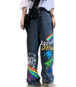 keepmore Damen Beiläufig Baggy Jeans Hohe Taille Hose mit weitem Bein Y2K Lose Streetwear Graffiti Regenbogen Gedruckt Jeanshose Streetwear von keepmore