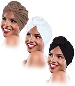 keland 3 Stück afrikanisches Muster Frauen Turbans Hüte Blumenknoten Headwrap Vorgebundene Kappe, Schwarz & Weiß & Kamel, Einheitsgröße von keland