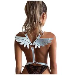 keland Damen Punk Leder Harness Einstellbar Schlinge Dessous Gürtel Erotische Body Strap Hosenträge mit Engelsflügel Halloween Club (Weiß) von keland