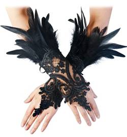 keland Damen Schwarz Feder Spitze Fingerlose Lange Handschuhe für Hochzeit Halloween Maleficent Kostüm (Schwarz-01) von keland