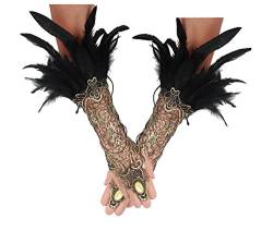 keland Damen Schwarz Feder Spitze Fingerlose Lange Handschuhe für Hochzeit Halloween Maleficent Kostüm (Schwarz und Gold) von keland